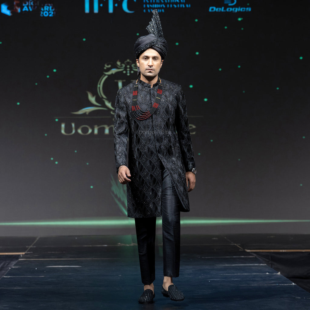 Men's Luxury Black Crystal-Embroidered Sherwani with Groom Turban & Mala