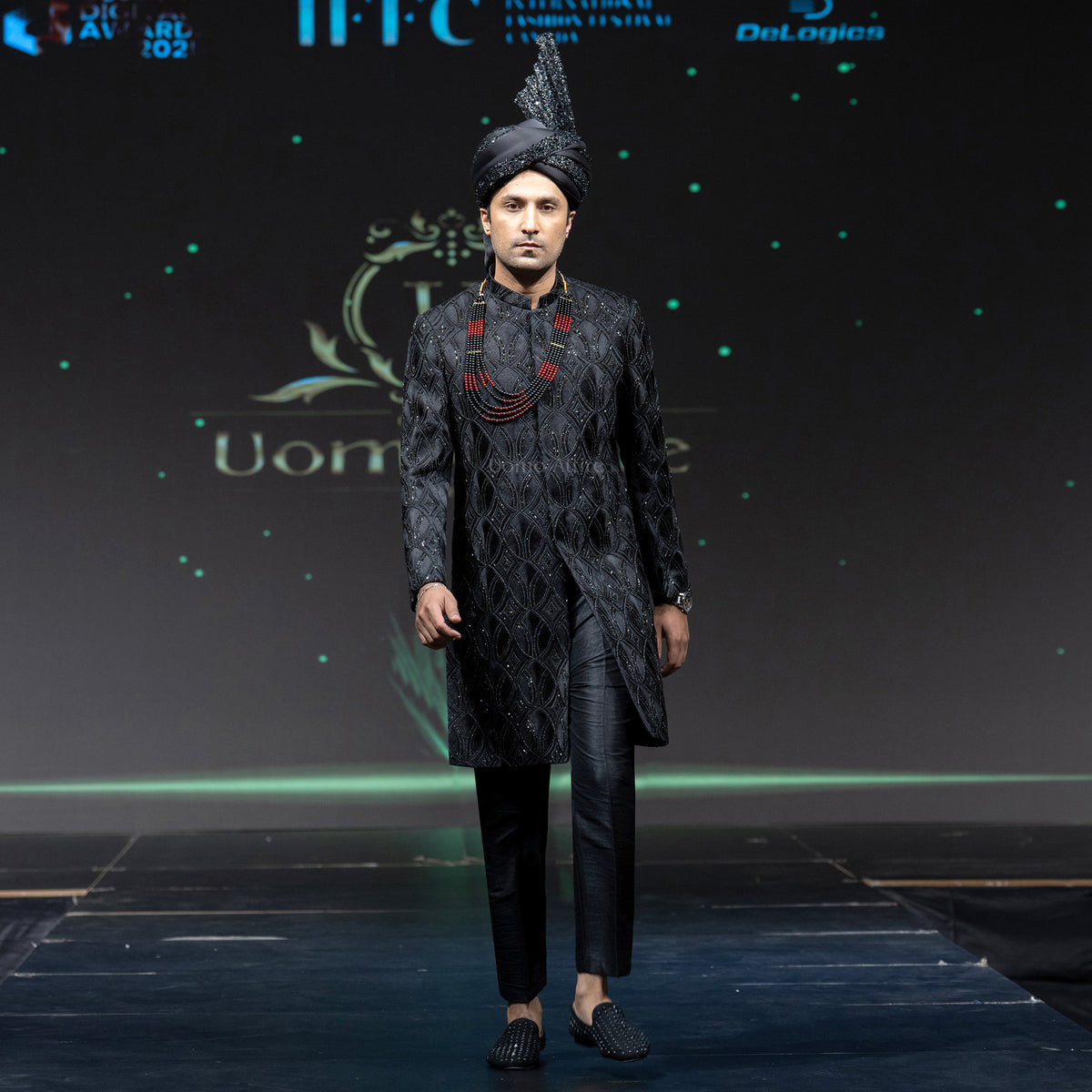 Men's Luxury Black Crystal-Embroidered Sherwani with Groom Turban & Mala