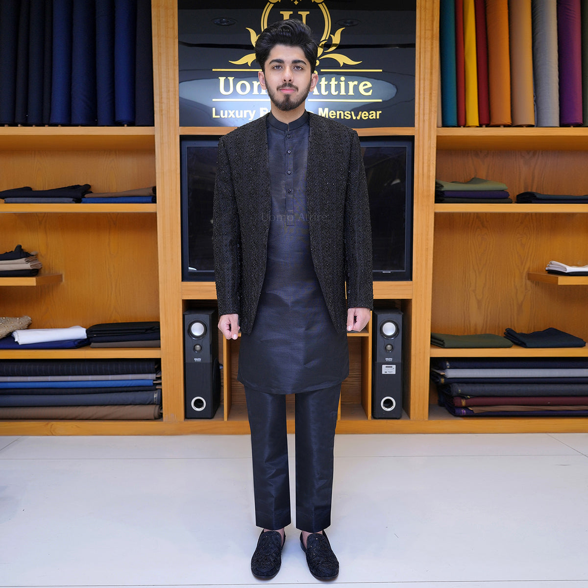 Men's Luxury Black Embroidered Prince Coat with Kurta Pajama