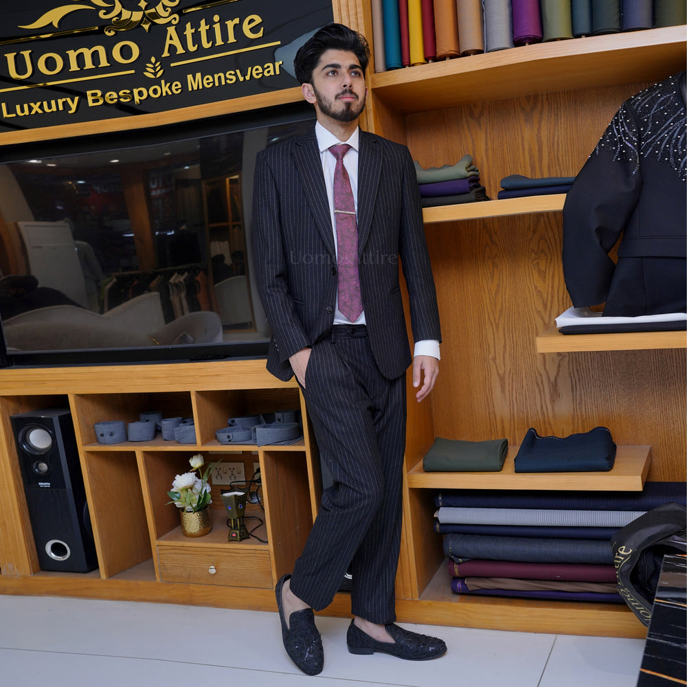 formal dress up for men Black Pinstripe Suit Mens – Luxury Slim Fit Groom & Formal Wear