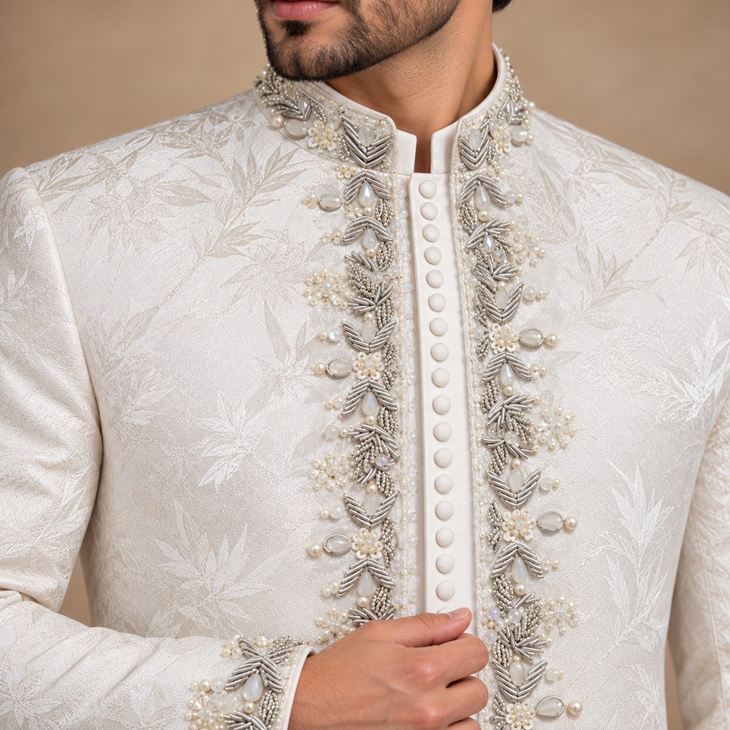 Premium Pure White Self-Textured Prince Coat with Hand Embellishment