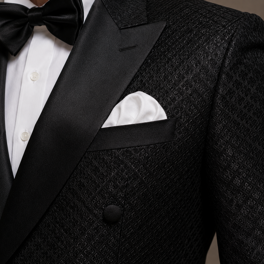 Black Jamawar Double Breasted Tuxedo Suit for Men