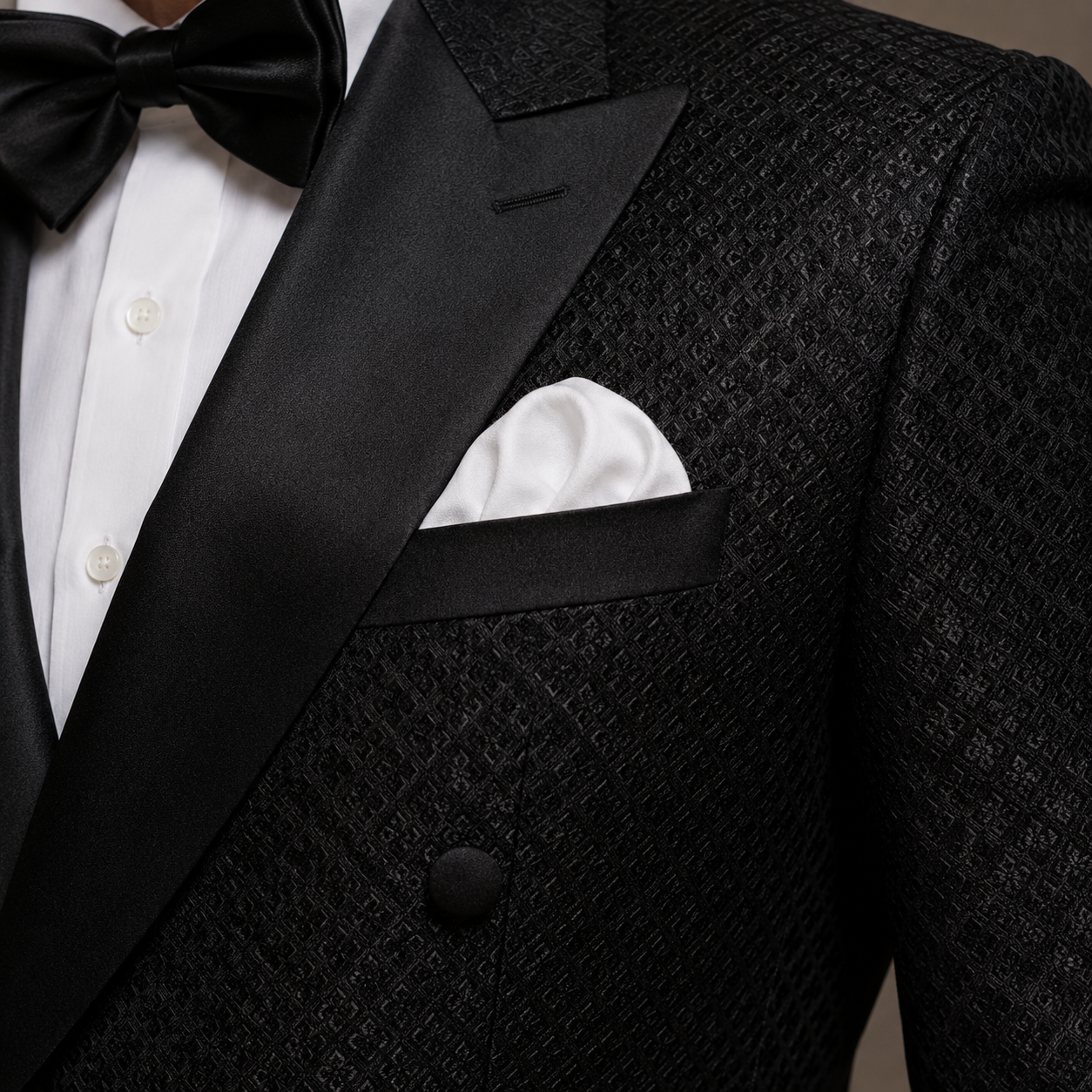 
                  
                    Black Jamawar Double Breasted Tuxedo Suit for Men
                  
                