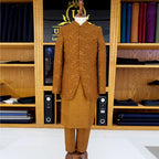 Men's Luxury Mustard Gold Embroidered Prince Coat with Matching Kurta Pajama