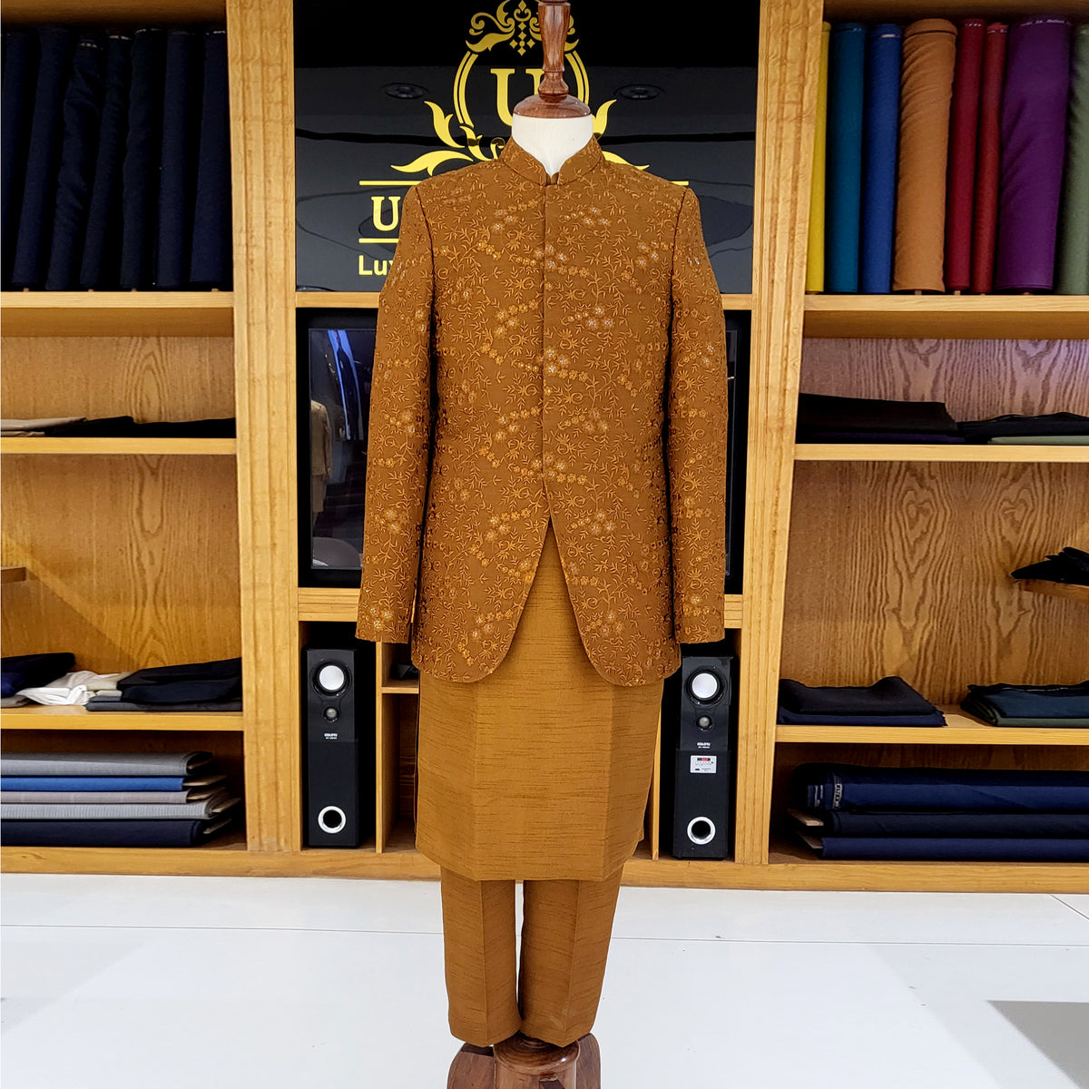 Men's Luxury Mustard Gold Embroidered Prince Coat with Matching Kurta Pajama