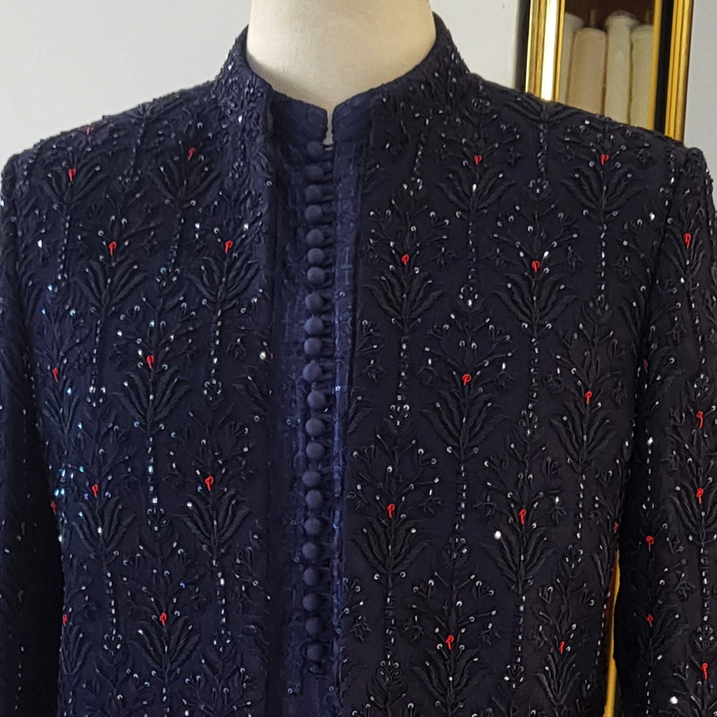Men's Luxury Navy Blue Embellished Sherwani with Jewellery Work