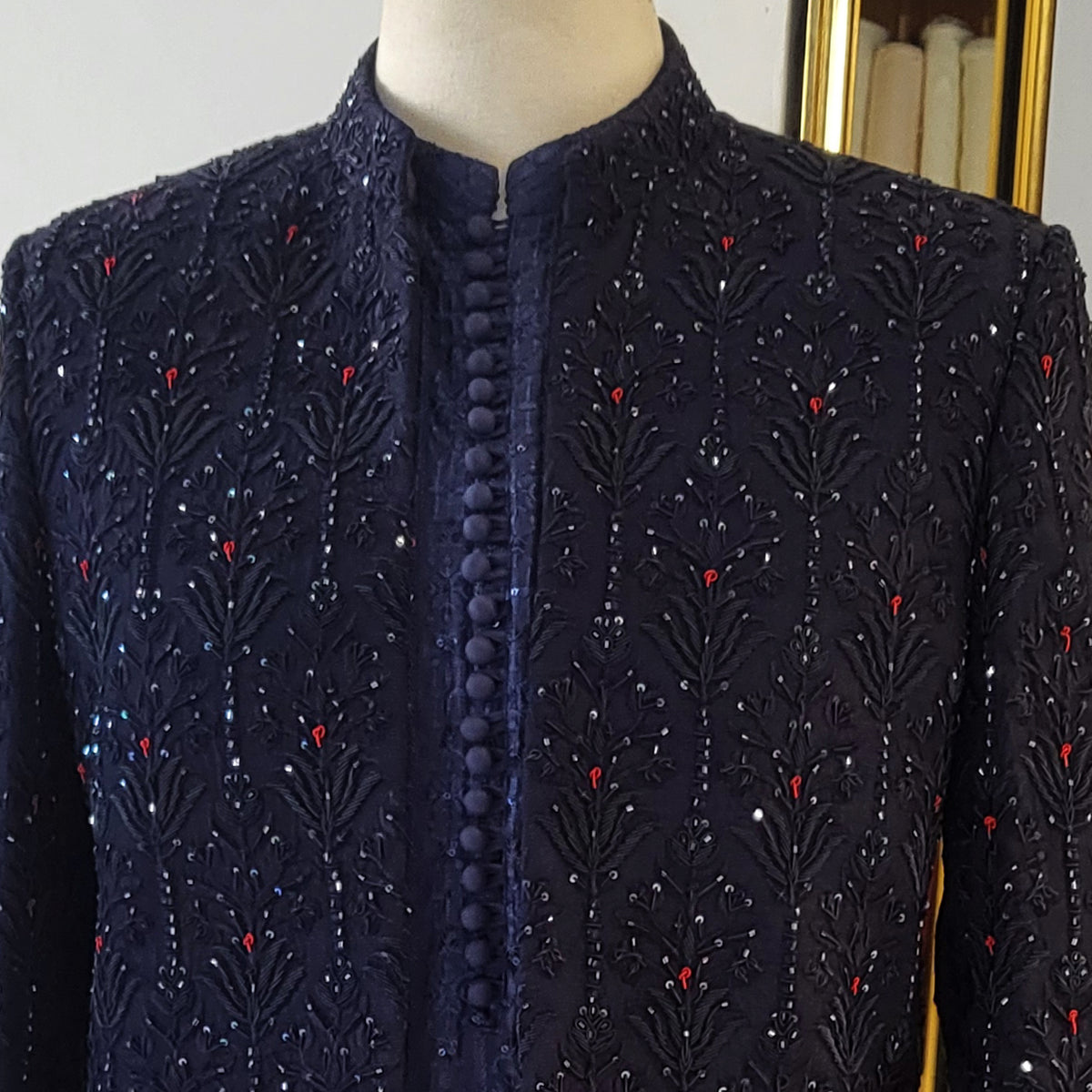 Men's Luxury Navy Blue Embellished Sherwani with Jewellery Work