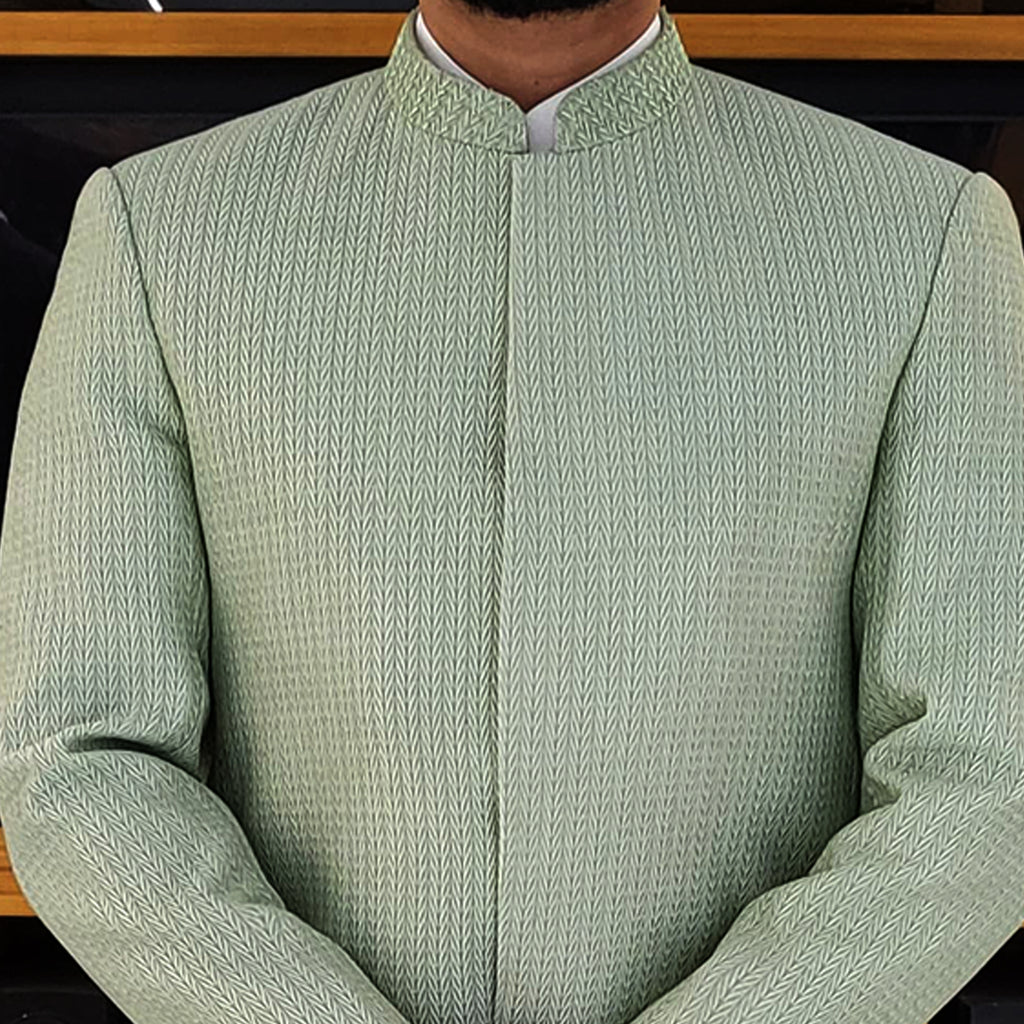 Men's Luxury Mint Green Embroidered Prince Coat with White Kurta Pajama