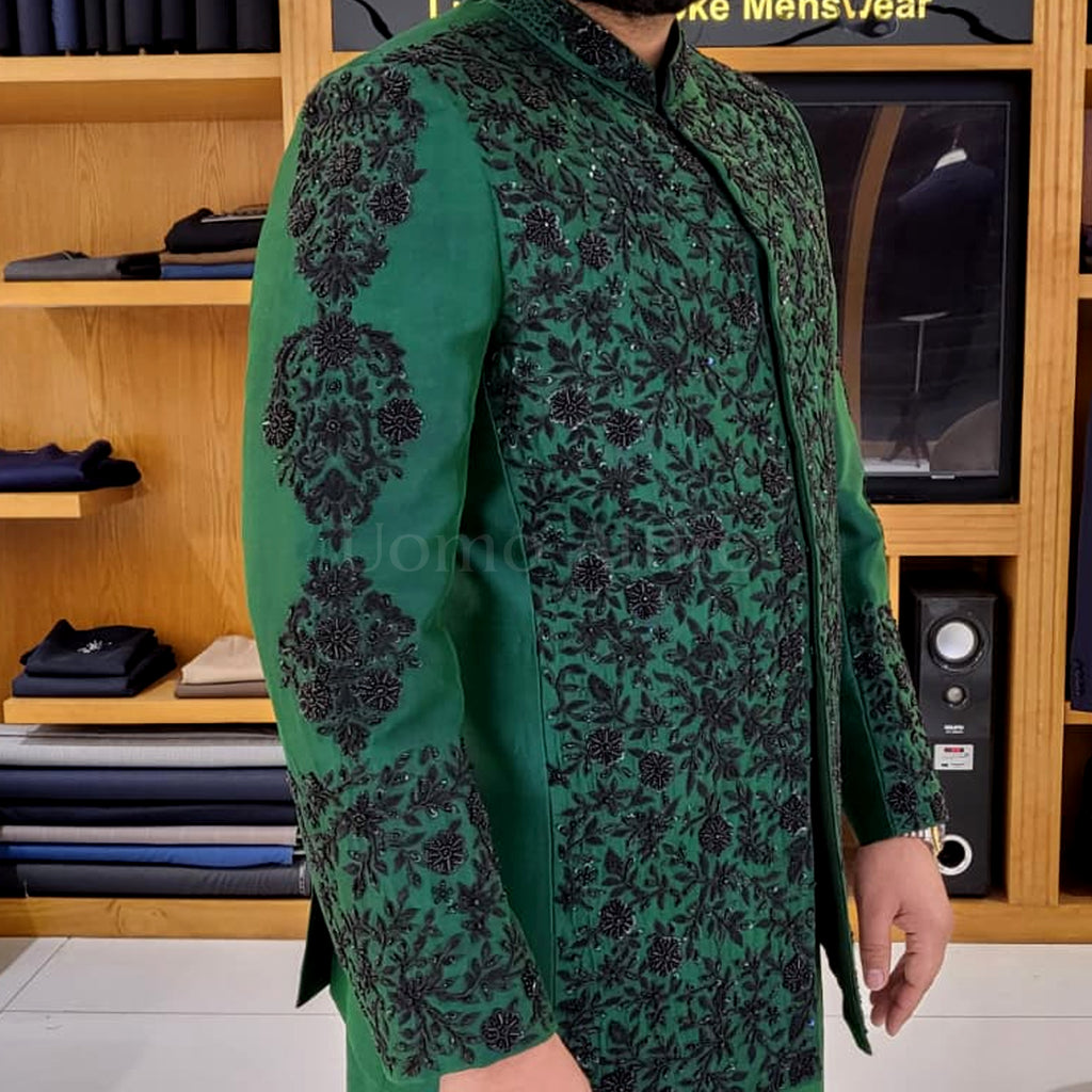 Men's Luxury Emerald Green Prince Coat with White Kurta Pajama