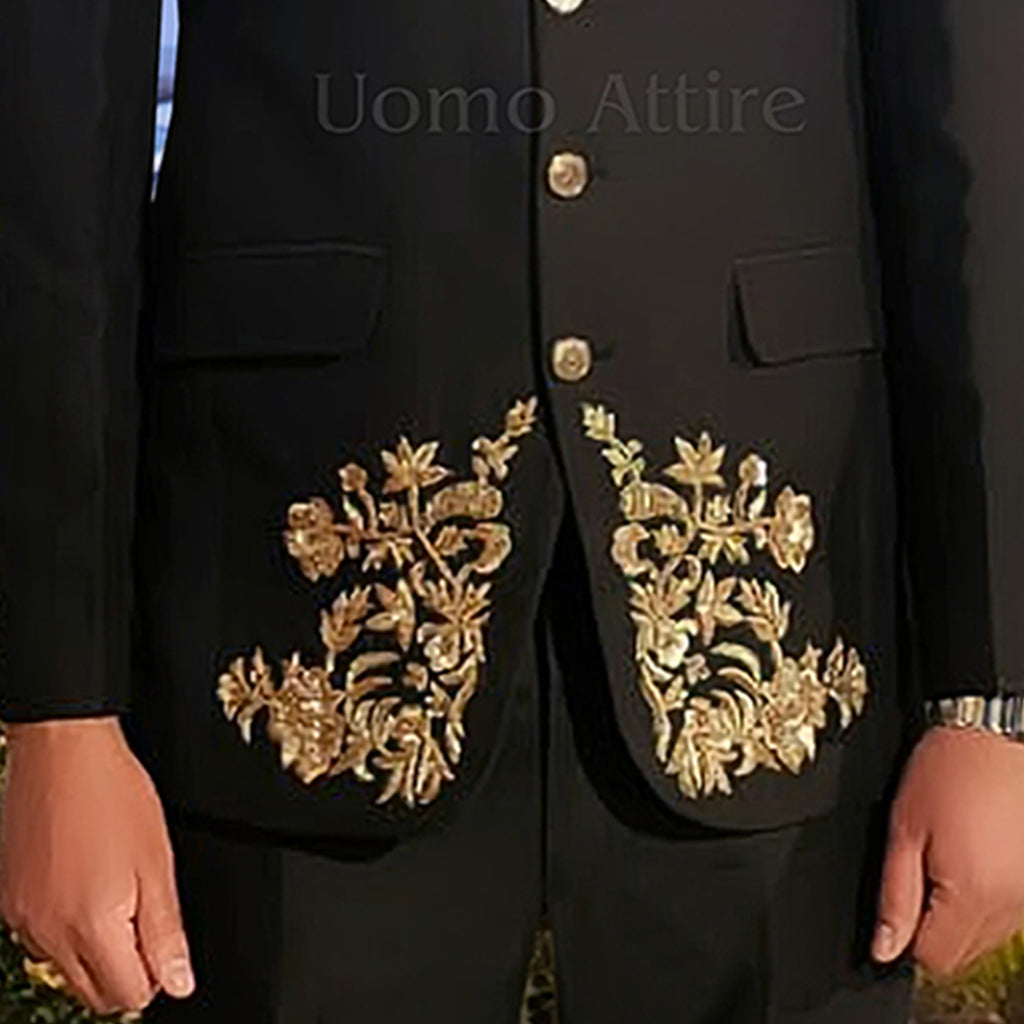 Jet Black Gold Embroidered Prince Coat 2-Piece