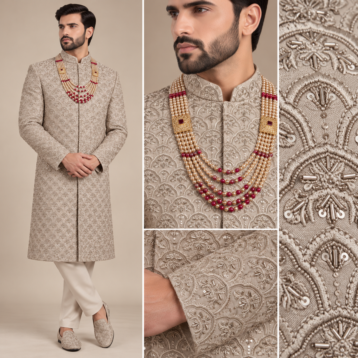 Luxury Champagne Beige Fully Embellished Sherwani for Men | Premium Designer Groom Wear for Wedding & Barat – Uomo Attire