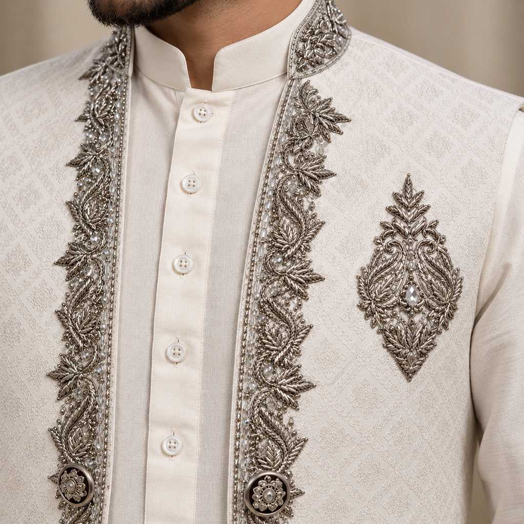 Premium Pure White Waistcoat with Hand Embellishment | Luxury Groom & Wedding Wear