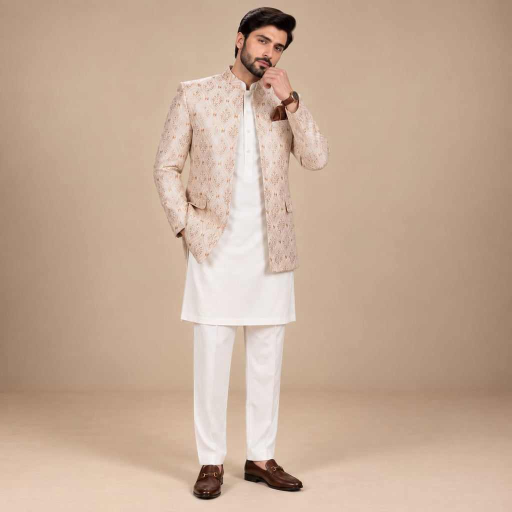 Open Front Sequin Embroidered Prince Coat For Men
