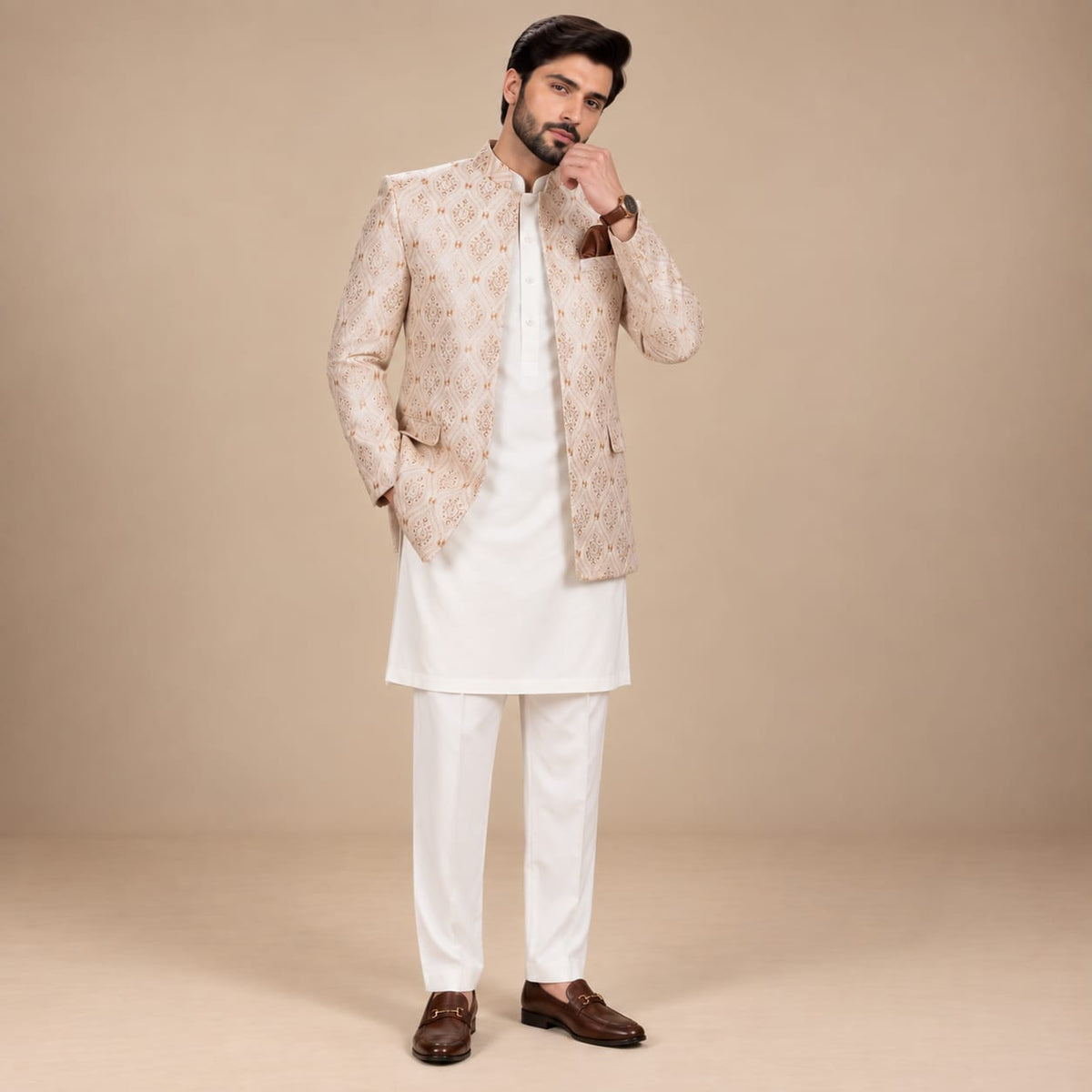 Open Front Sequin Embroidered Prince Coat For Men