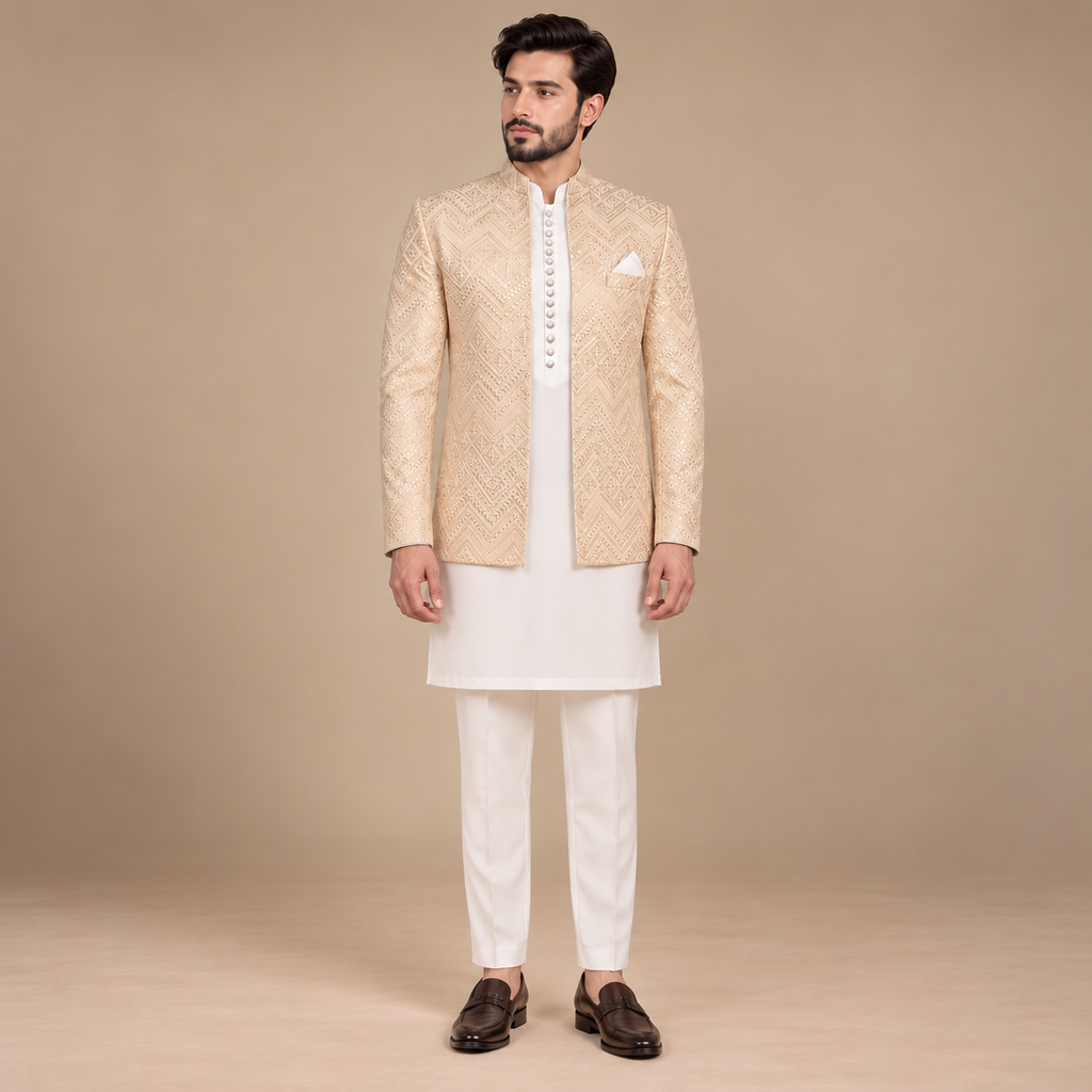 Off-White Embroidered Prince Coat for Men