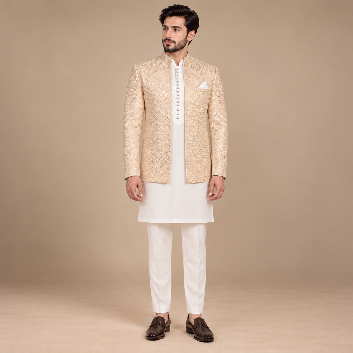 Off-White Embroidered Prince Coat for Men