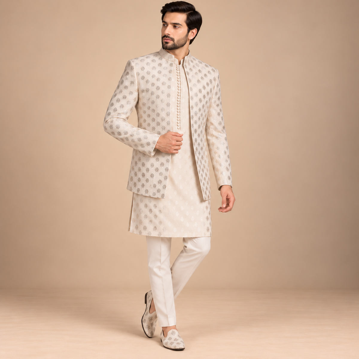 Elegent Embroidered Prince Coat for Groom with Kurta Pajama Set