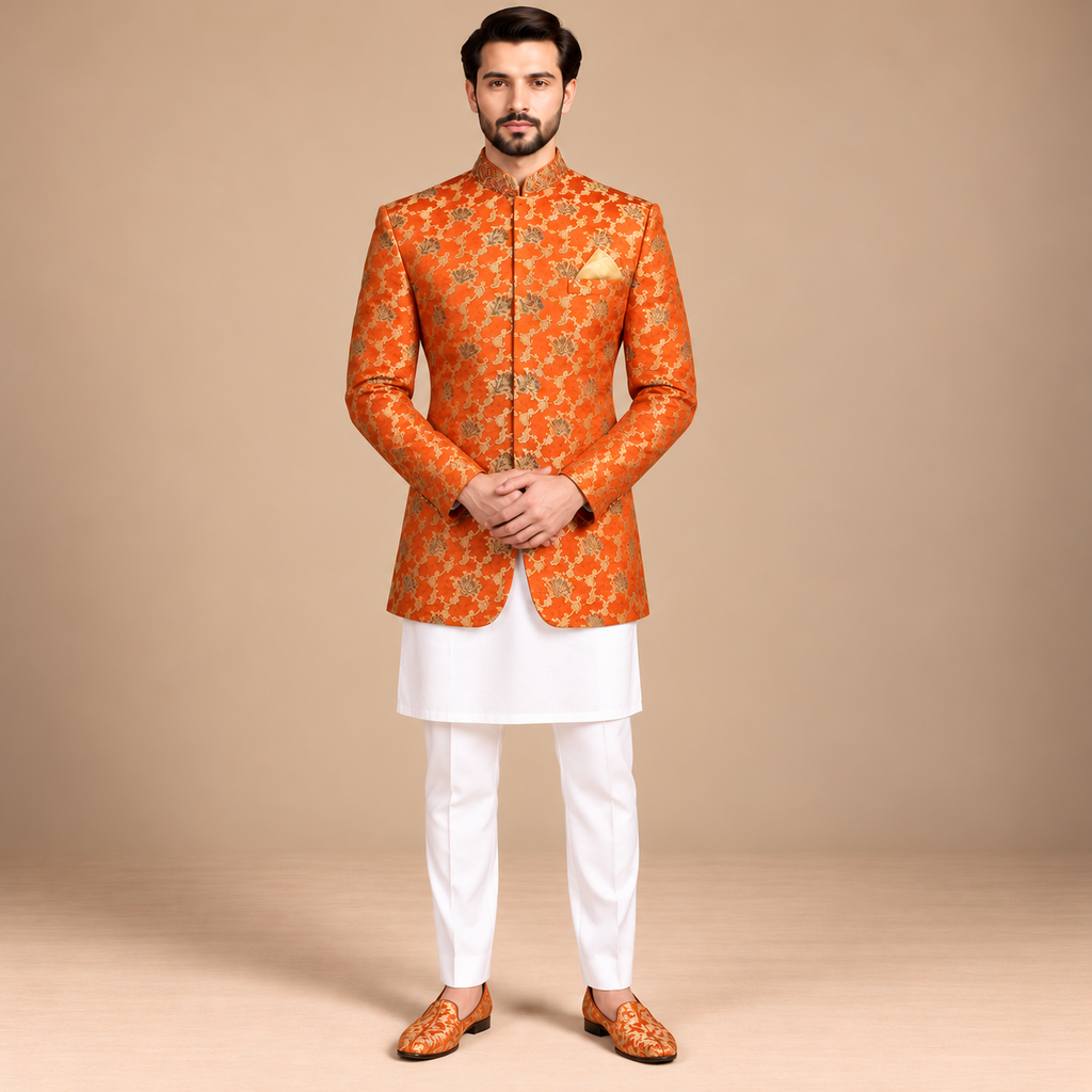 Pure imported dyeable jamawar rust colored prince coat