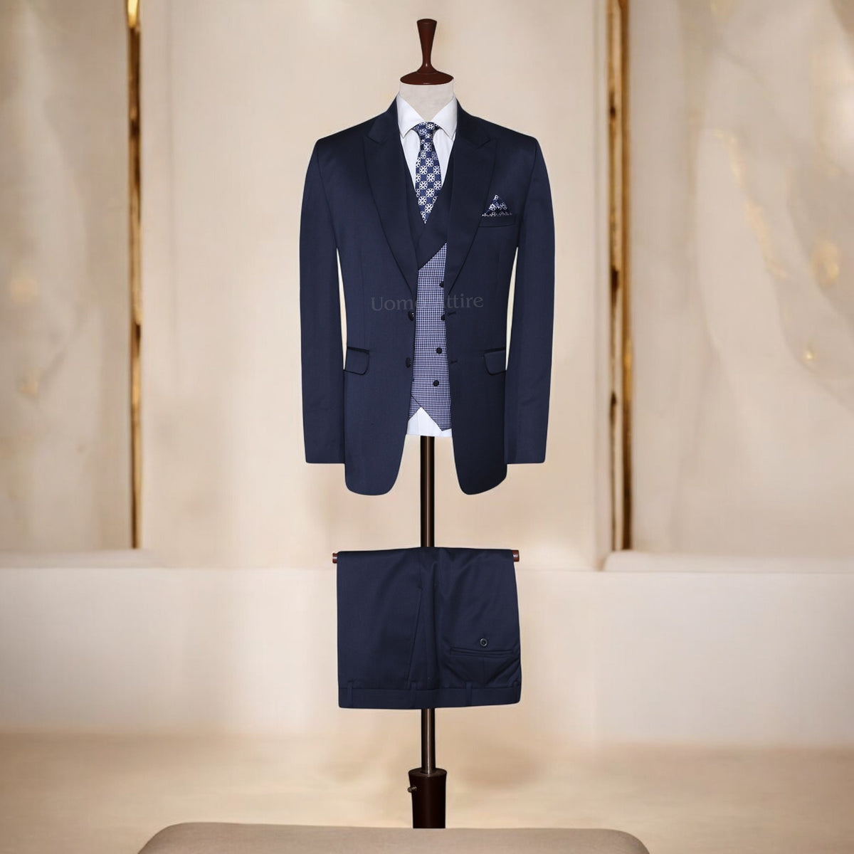Navy Blue Peak Lapel Three-Piece Suit with Double-Breasted Waistcoat