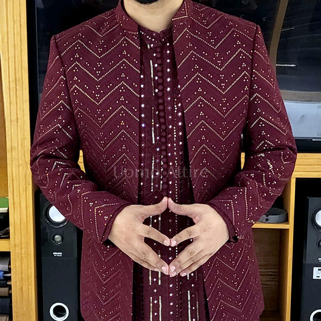 Men's Luxury Maroon Crystal Embroidered Prince Coat