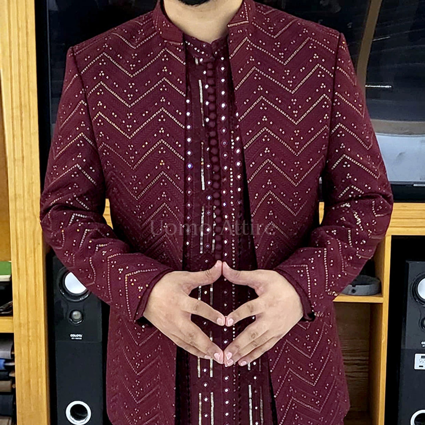 
                  
                    Men's Luxury Maroon Crystal Embroidered Prince Coat
                  
                