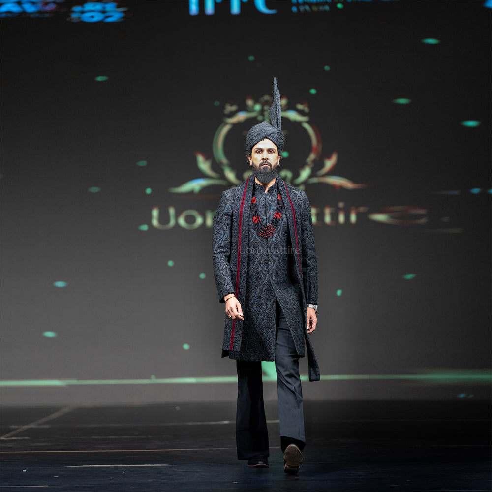 
                  
                    Men's Luxury Black Embroidered Sherwani with Groom Turban & Mala
                  
                