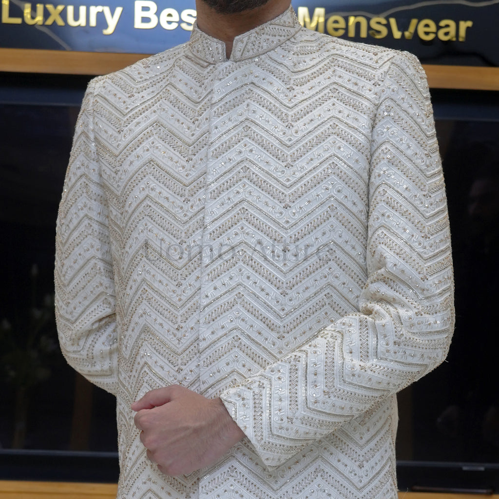 Men's Luxury Off-White Embroidered Sherwani with Maroon Velvet Shawl & Turban