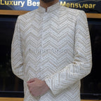 Men's Luxury Off-White Embroidered Sherwani with Maroon Velvet Shawl & Turban