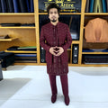 Men's Luxury Maroon Crystal Embroidered Prince Coat