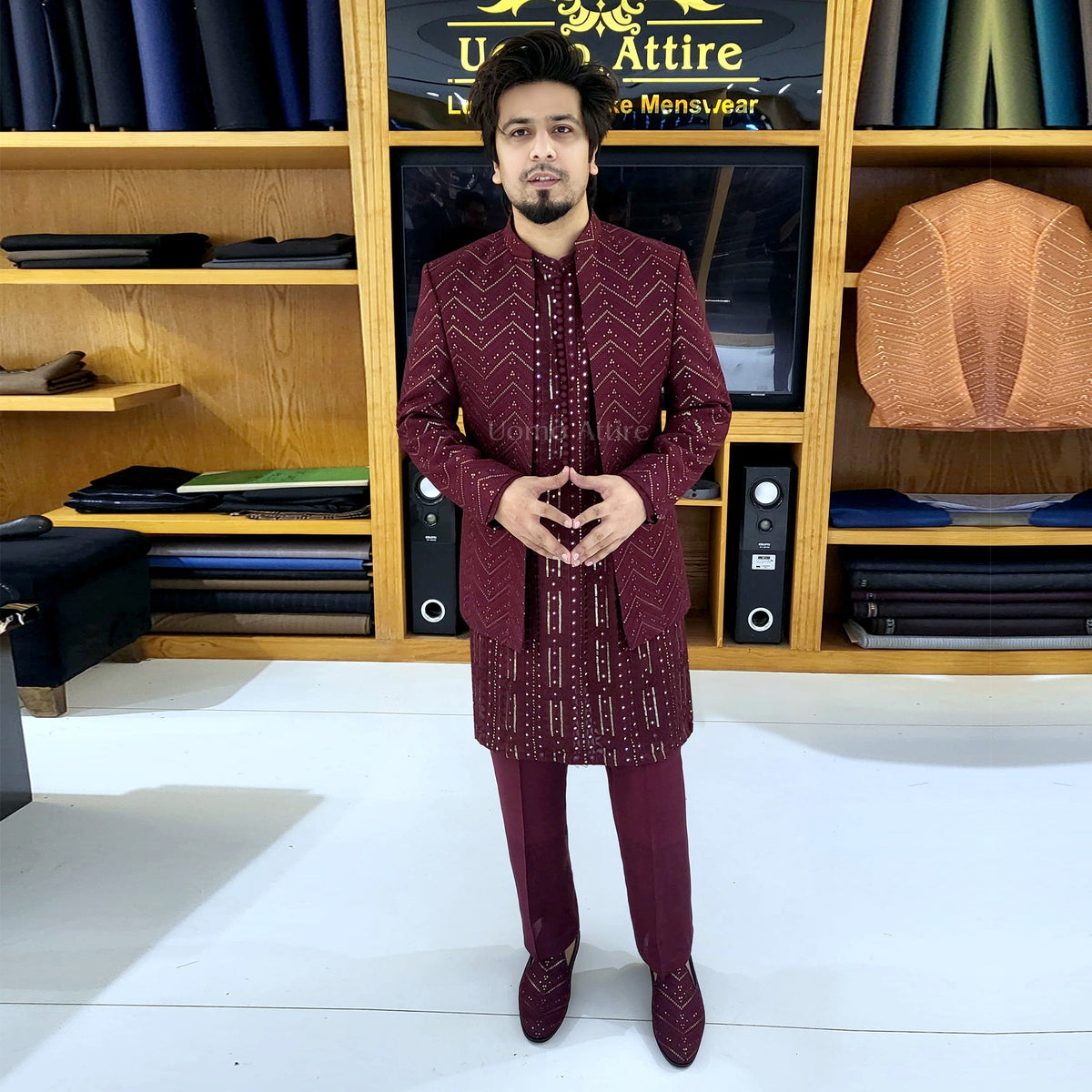 Men's Luxury Maroon Crystal Embroidered Prince Coat