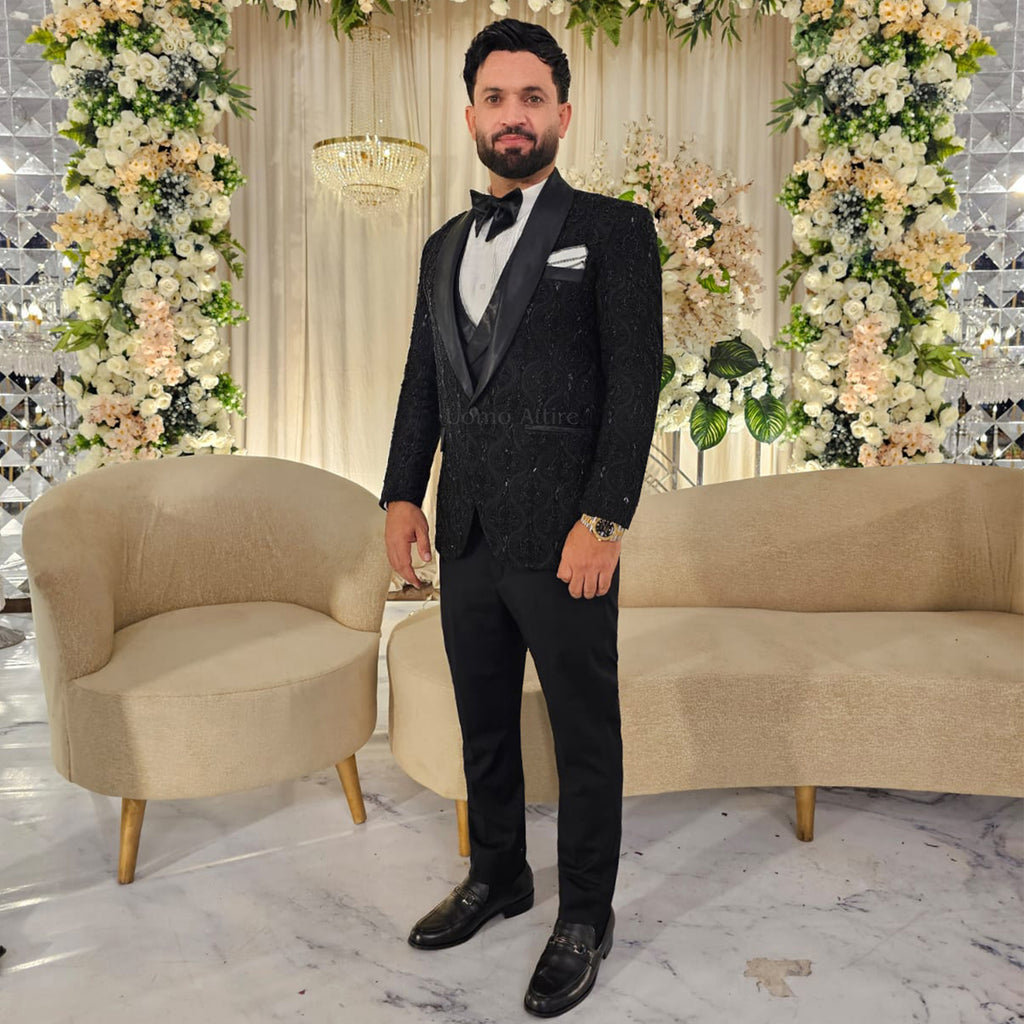 Men's Luxury All-Black Crystal Embroidered Tuxedo with Shawl Lapel