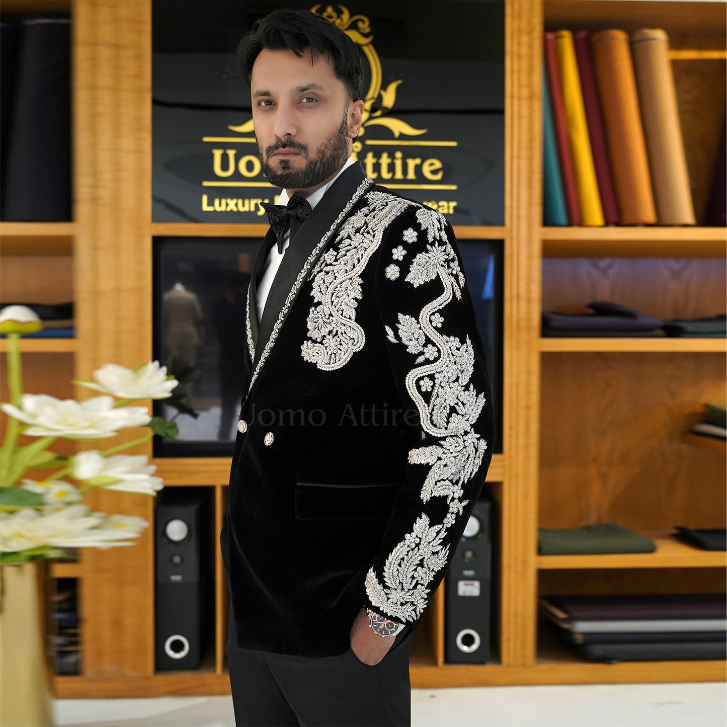 
                  
                    Men's Luxury Black Velvet Embroidered Tuxedo 2-Piece Suit
                  
                