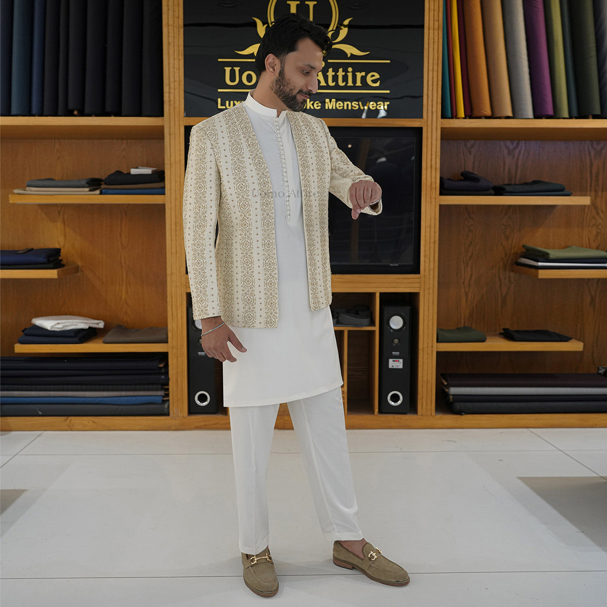 Men's Luxury Off-White Embroidered Prince Coat with White Kurta