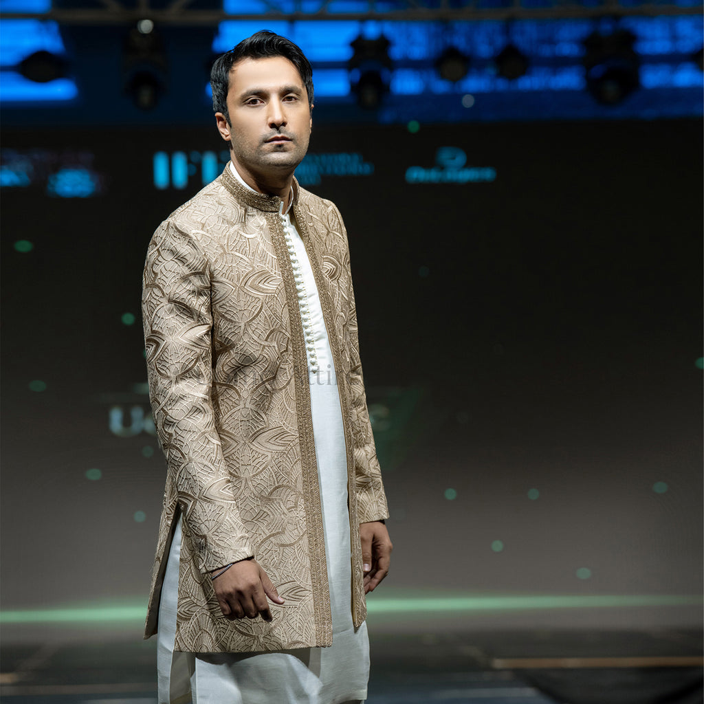 Men's Luxury Golden Beige Short Sherwani with Heavy Embroidery