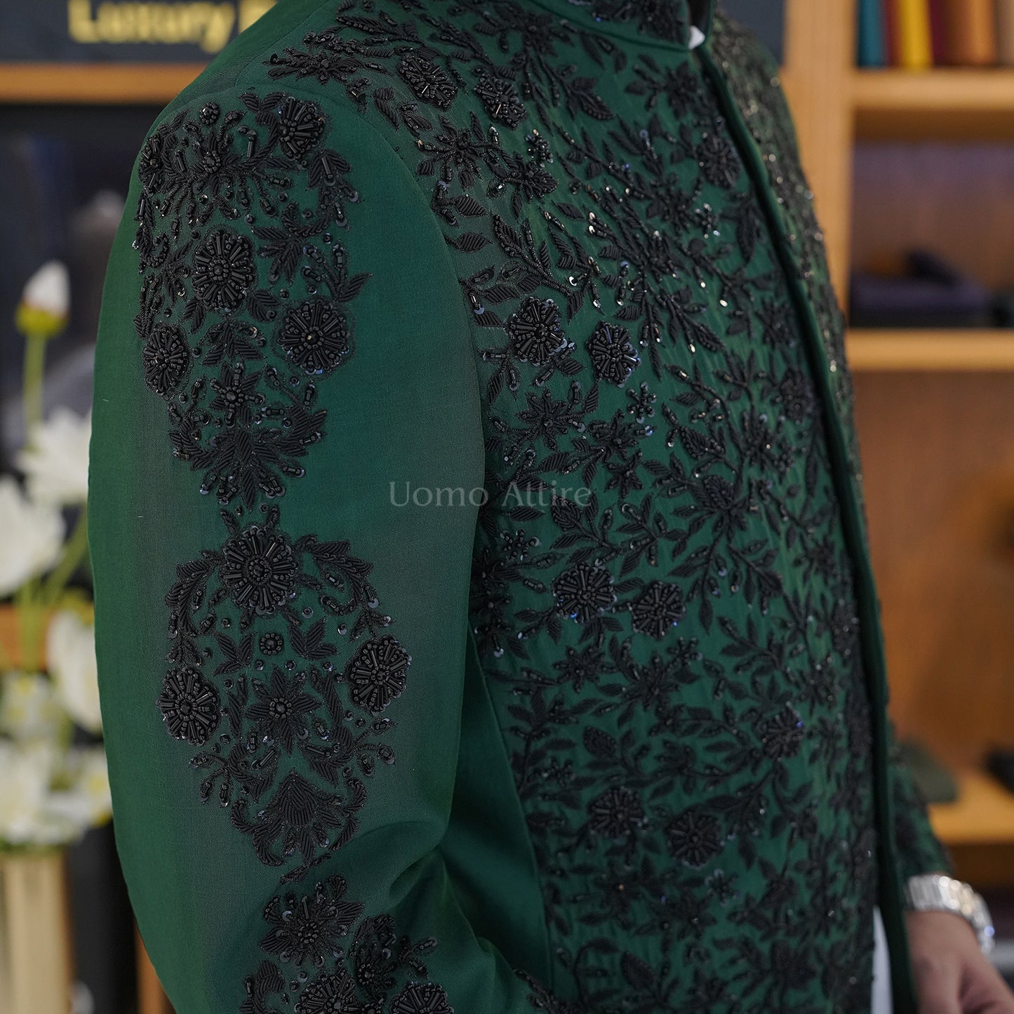 
                  
                    Men's Luxury Emerald Green Embroidered Prince Coat with White Kurta
                  
                