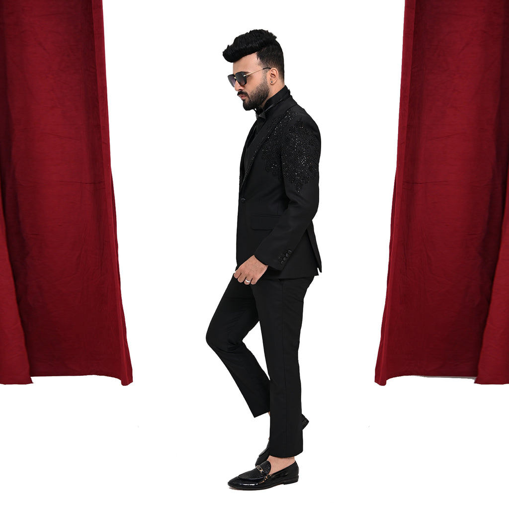 Men's Luxury Black Embellished 3-Piece Tuxedo with Hand-Beaded Lapel & Shoulders