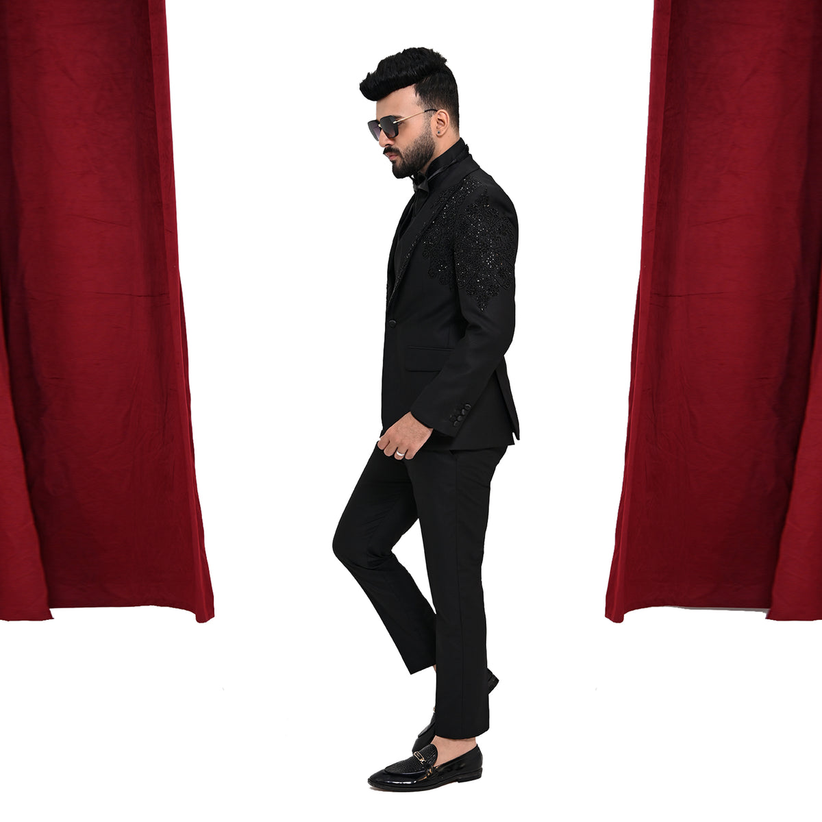 Men's Luxury Black Embellished 3-Piece Tuxedo with Hand-Beaded Lapel & Shoulders