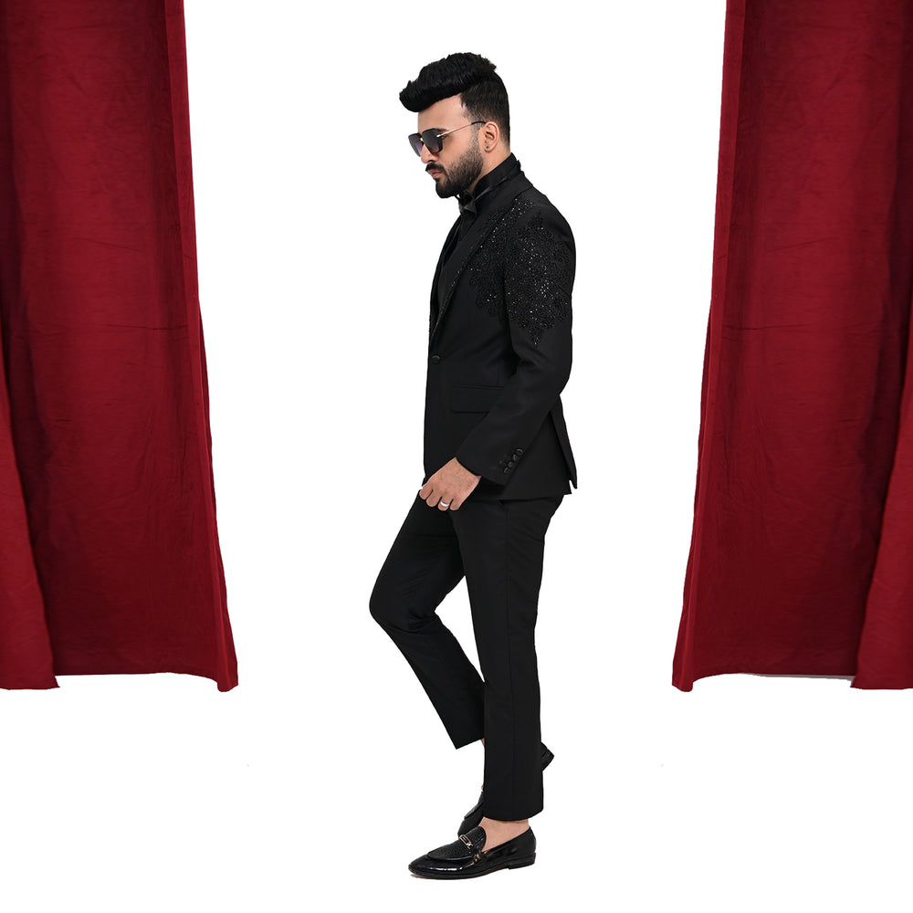 
                  
                    Men's Luxury Black Embellished 3-Piece Tuxedo with Hand-Beaded Lapel & Shoulders
                  
                
