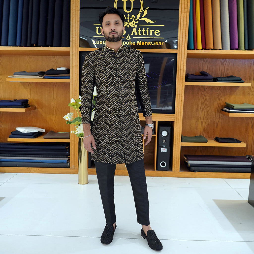 Men's Luxury Black Embroidered Sherwani with Gold Detailing & Saafa