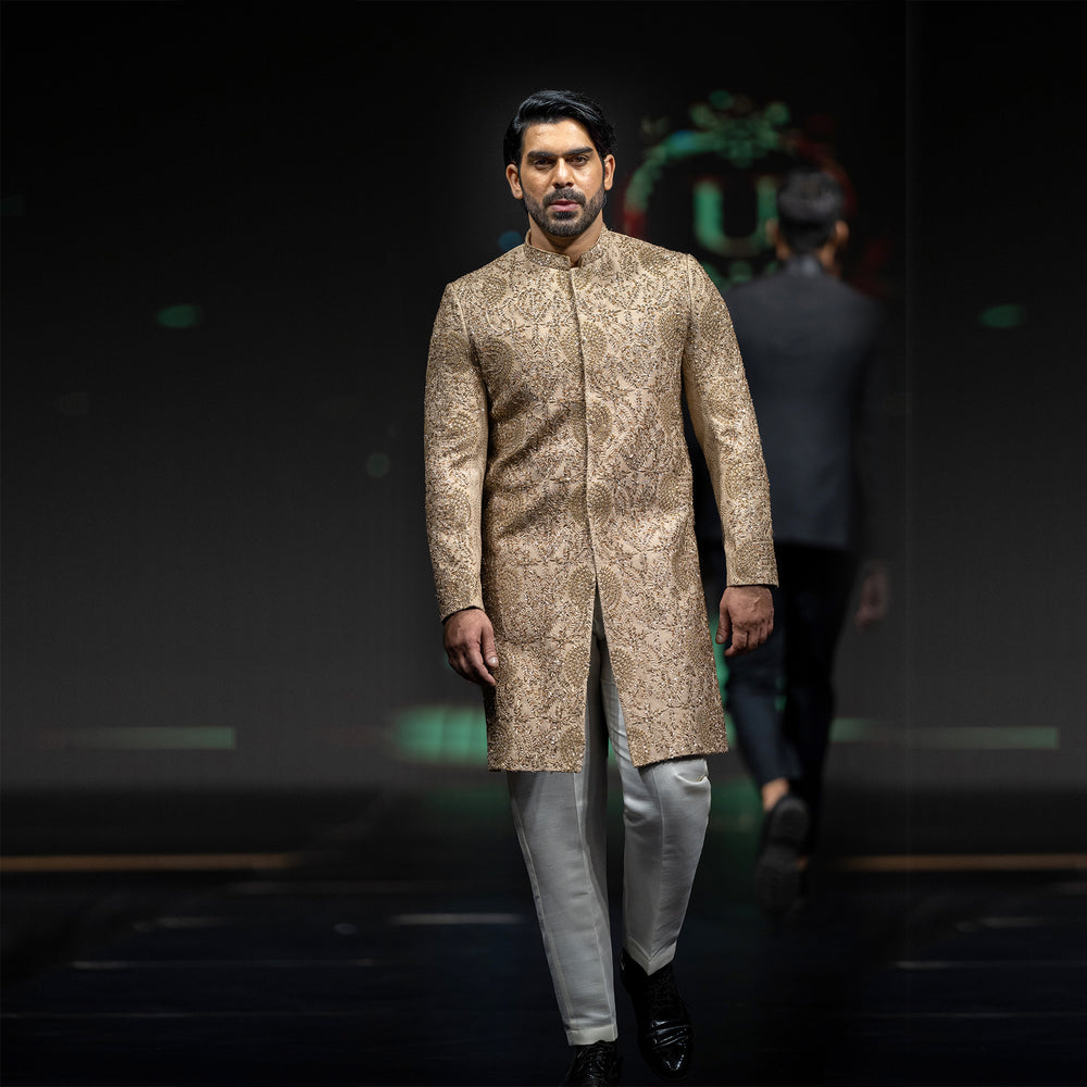 
                  
                    Men's Luxury Golden Embroidered Sherwani with Turban
                  
                