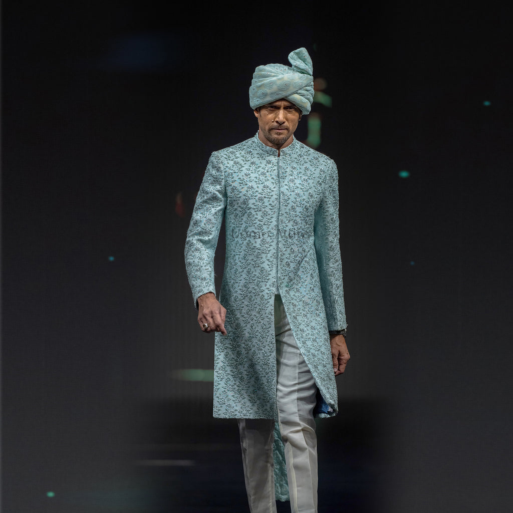 Men's Luxury Ice Blue Embroidered Sherwani with Matching Turban