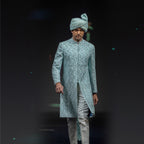 Men's Luxury Ice Blue Embroidered Sherwani with Matching Turban