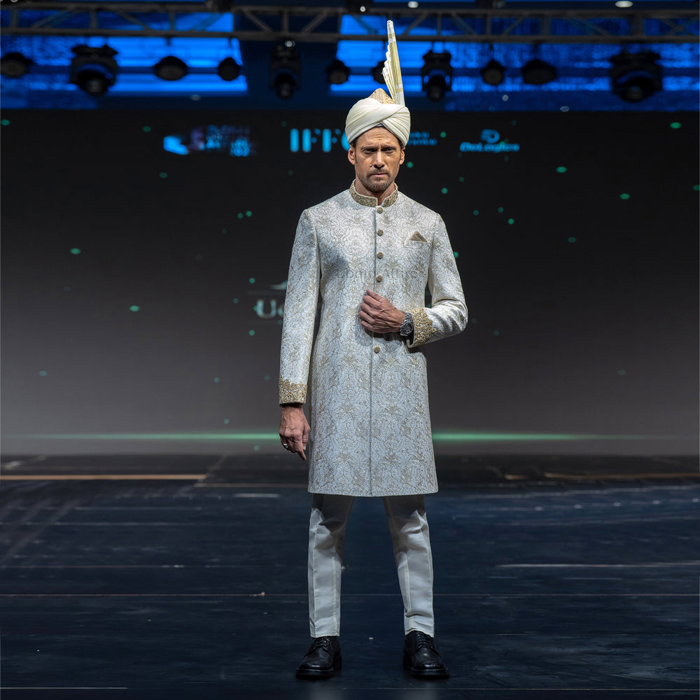 Men's Luxury Ivory & Gold Embroidered Sherwani with Royal Kalgi Turban