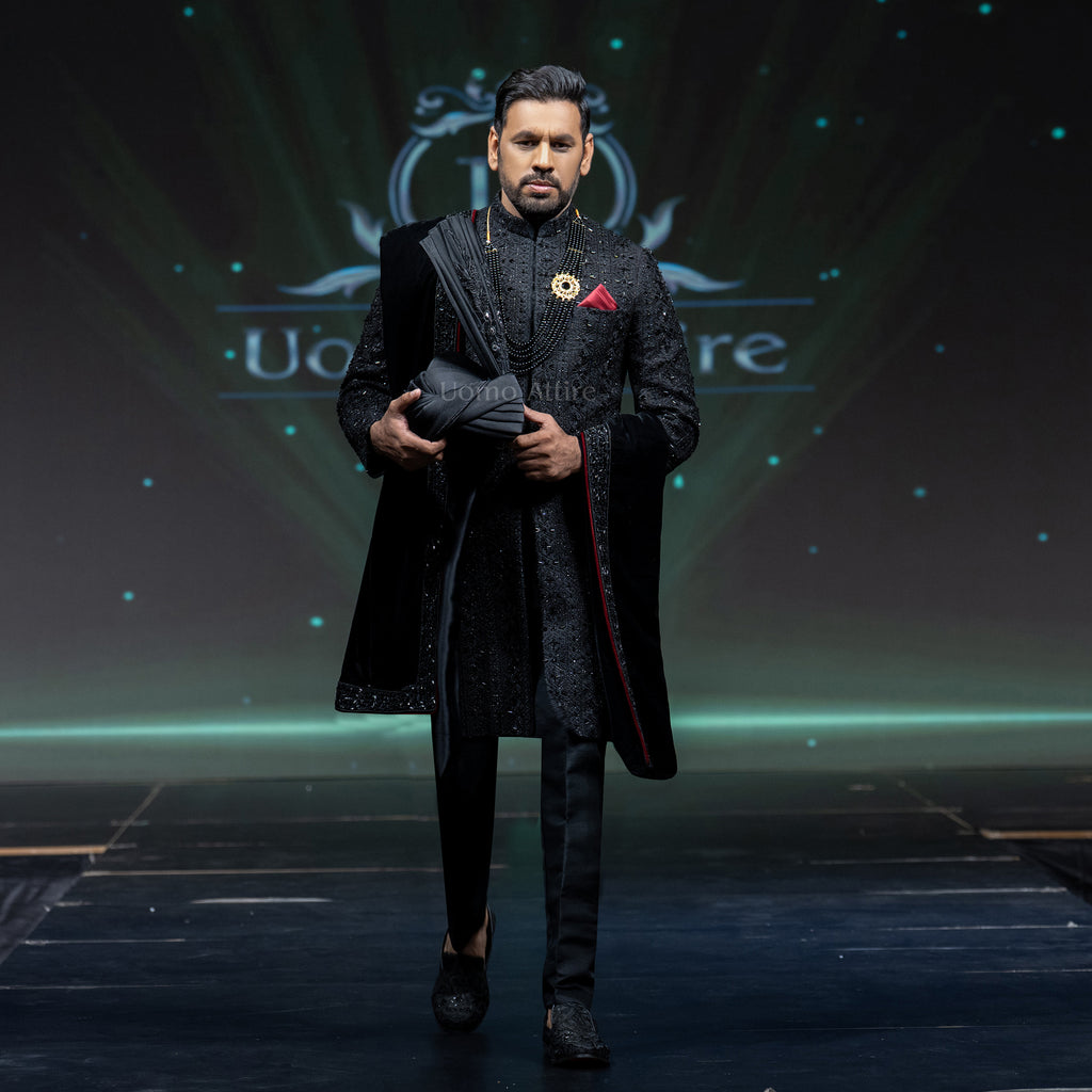 Men's Luxury Black Velvet Embroidered Sherwani with Shawl & Turban