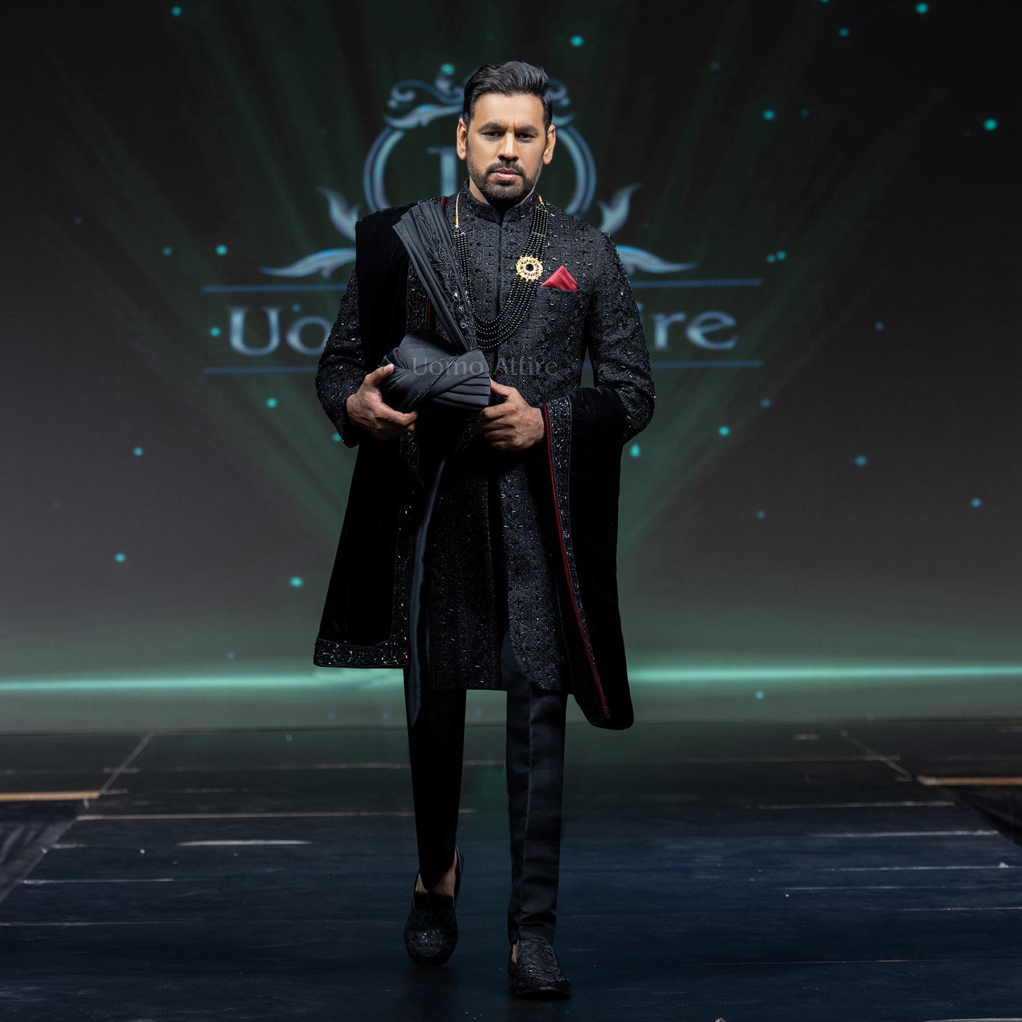 
                  
                    Men's Luxury Black Velvet Embroidered Sherwani with Shawl & Turban
                  
                