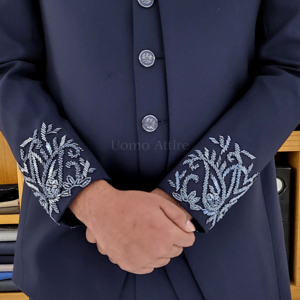Men's Luxury Navy Blue Embroidered Prince Coat Suit