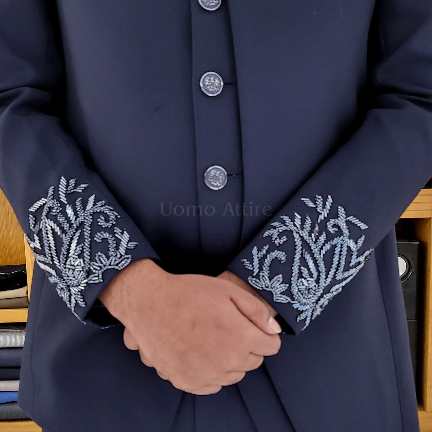 
                  
                    Men's Luxury Navy Blue Embroidered Prince Coat Suit
                  
                