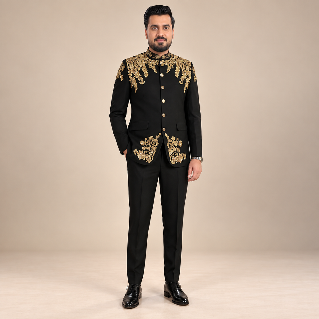 Jet Black Gold Embroidered Prince Coat 2-Piece