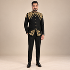 Jet Black Gold Embroidered Prince Coat 2-Piece