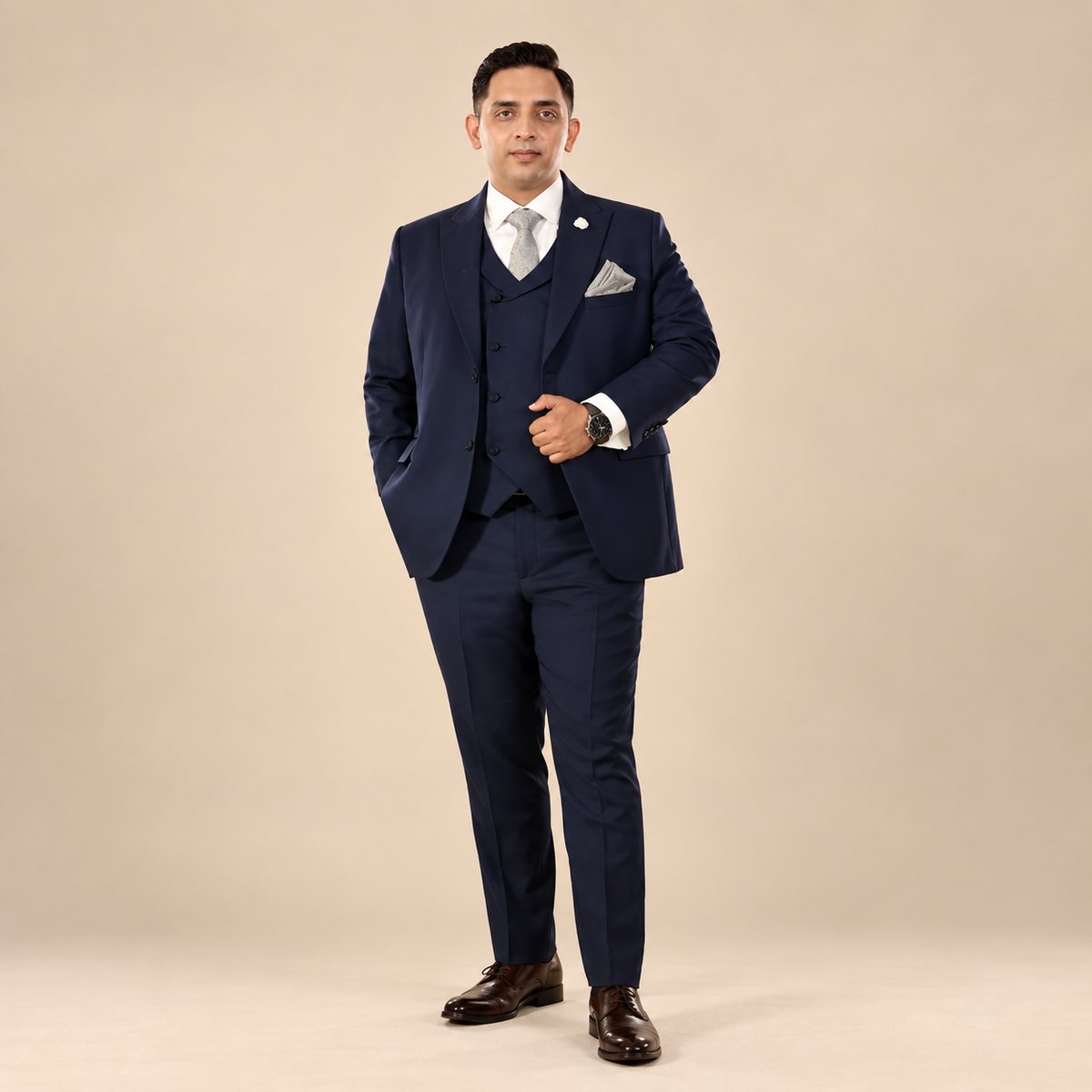Men's Luxury Navy Blue 3-Piece Suit with Silver Tie (Our Client's Choice)